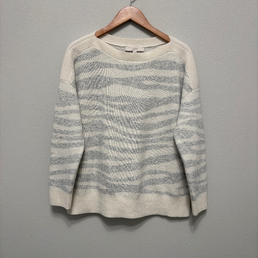 LOFT Zebra Print Wool Blend Boatneck Sweater Gray White Large